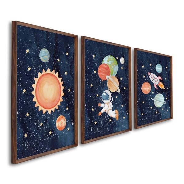 Quadro Decorativo Infantil Aventura Espacial Com 3 Telas 60x9