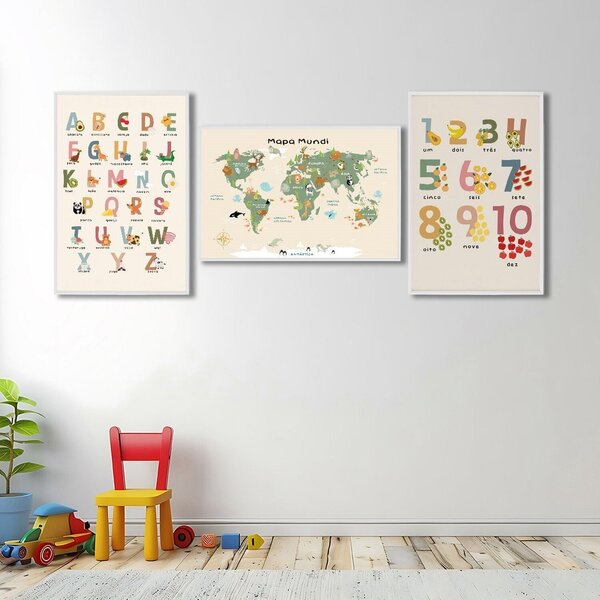Quadro Decorativo Infantil Conjunto Didático Alfabeto E Mapa
