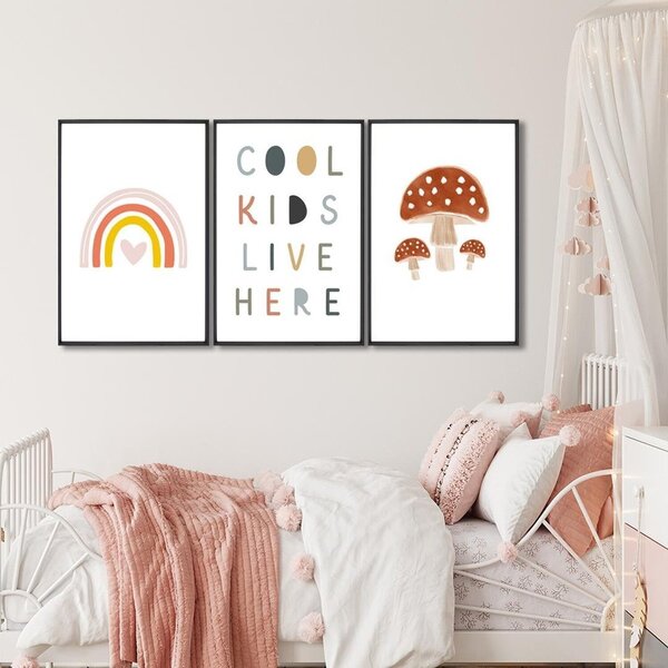 Quadro Decorativo Infantil Crianças Sol E Arco Íris Com 3 Tel