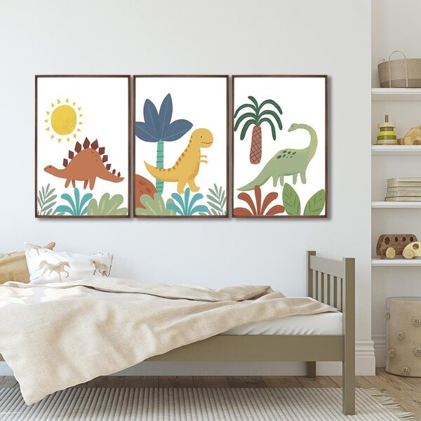 Quadro Decorativo Infantil Dinossauros Com 3 Telas De Parede