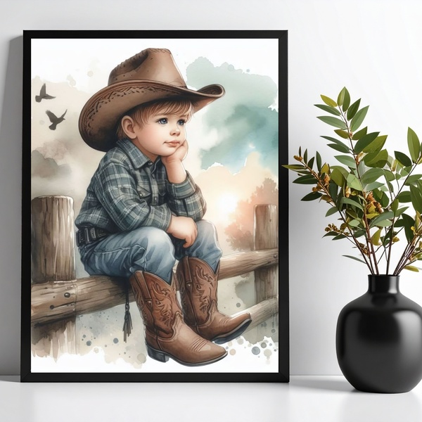 Quadro Decorativo Infantil Menininho Cowboy 24x18cm - Com Vid
