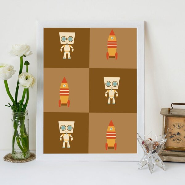 Quadro Decorativo Infantil Robô Com Foguetes