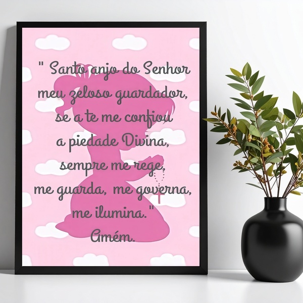 Quadro Decorativo Infantil Santo Anjo - Nuvens Rosas 33x24cm