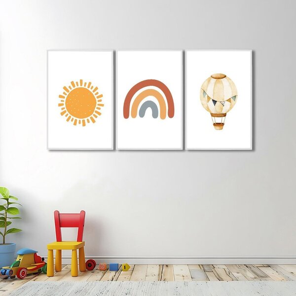 Quadro Decorativo Infantil Sol Balão E Arco Íris Com 3 Telas