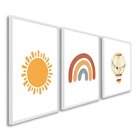 Quadro Decorativo Infantil Sol Balão E Arco Íris Com 3 Telas