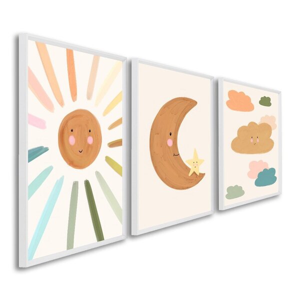 Quadro Decorativo Infantil Sol Lua E Nuvens Com 3 Telas 60x90