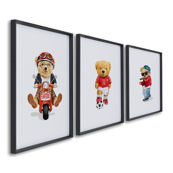 Quadro Decorativo Infantil Ursinhos Estilosos Com 3 Telas 60x