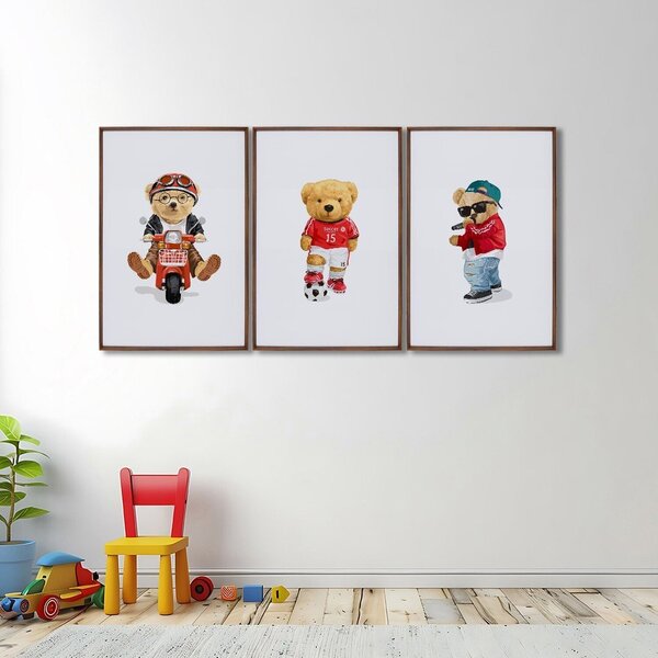 Quadro Decorativo Infantil Ursinhos Estilosos Com 3 Telas 60x
