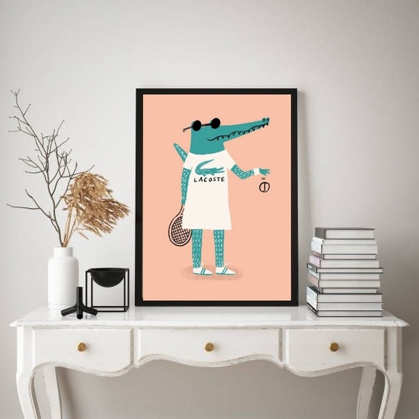 Quadro Decorativo Jacaré Jogando Tênis 24x18cm - Com Vidro Mo