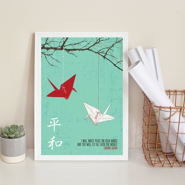 Quadro Decorativo Japonês Tsurus 24x18cm Moldura:madeira Bran