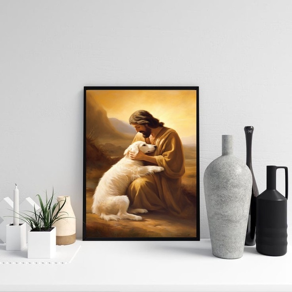 Quadro Decorativo Jesus Acolhendo Cão 45x34cm Moldura:madeira