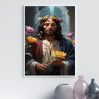 Quadro Decorativo Jesus Com Flores 33x24cm Moldura:madeira Br