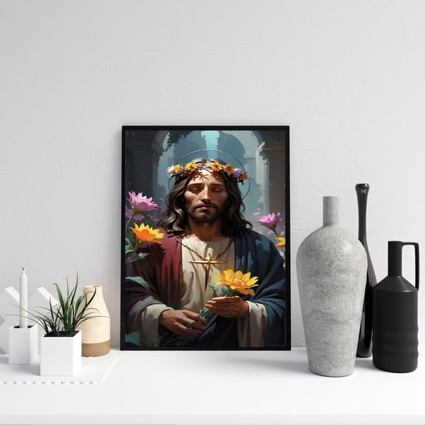 Quadro Decorativo Jesus Com Flores 45x34cm - Com Vidro Moldur