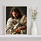 Quadro Decorativo Jesus Com Gato No Colo 45x34cm - Com Vidro