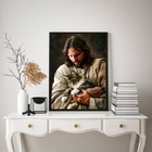 Quadro Decorativo Jesus Com Gato No Colo 45x34cm Moldura Preta