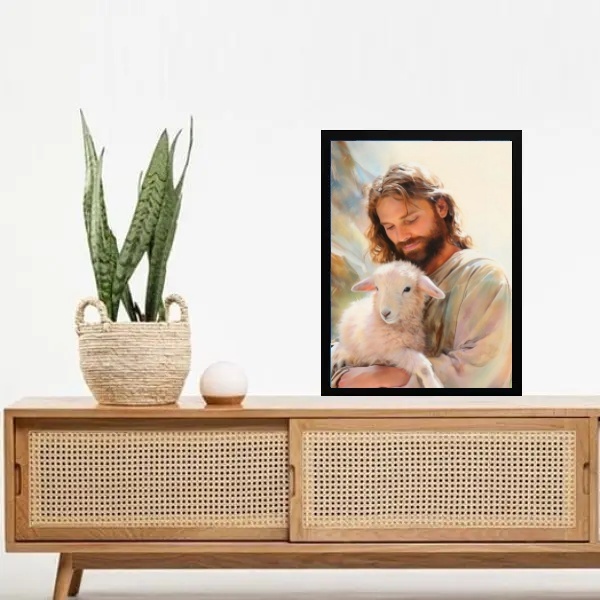 Quadro Decorativo Jesus Com Ovelha 45x34cm Moldura:madeira Pr