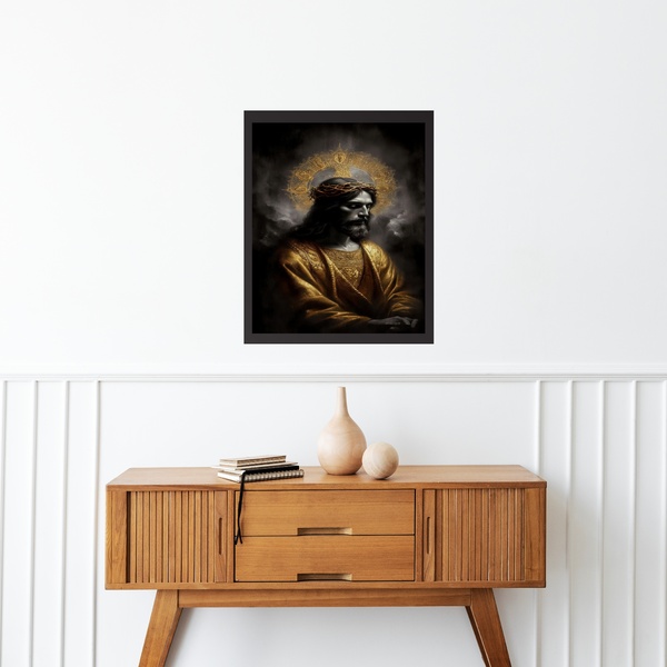 Quadro Decorativo Jesus Dourado Com Preto 33x24cm - Com Vidro