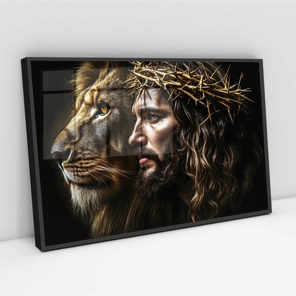 Quadro Decorativo Jesus E Leão - 50x70cm Moldura Branca