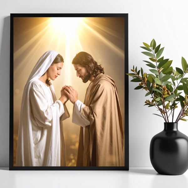 Quadro Decorativo Jesus E Maria Em Oração 33x24cm - Com Vidro