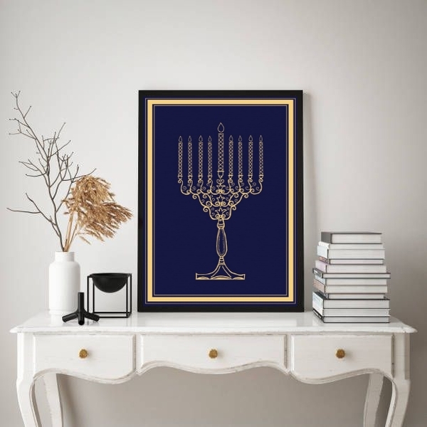 Quadro Decorativo Judaico Menorah 33x24cm Moldura:madeira Bra