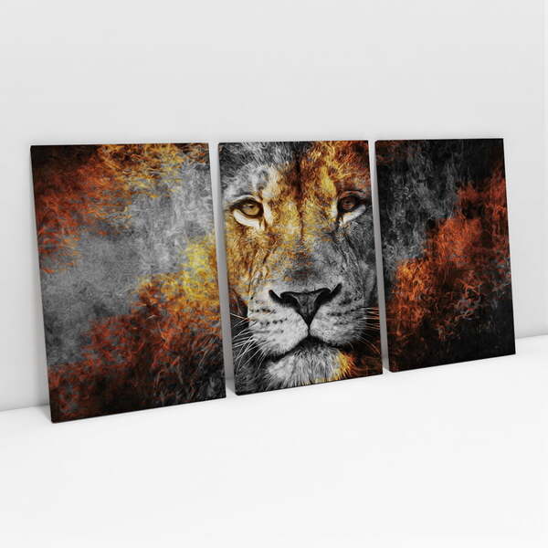 Quadro Decorativo Leão Artistico - Kit 3 Telas