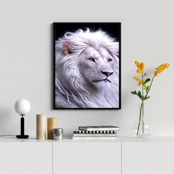 Quadro Decorativo Leão Branco 33x24cm - Com Vidro Moldura:mad