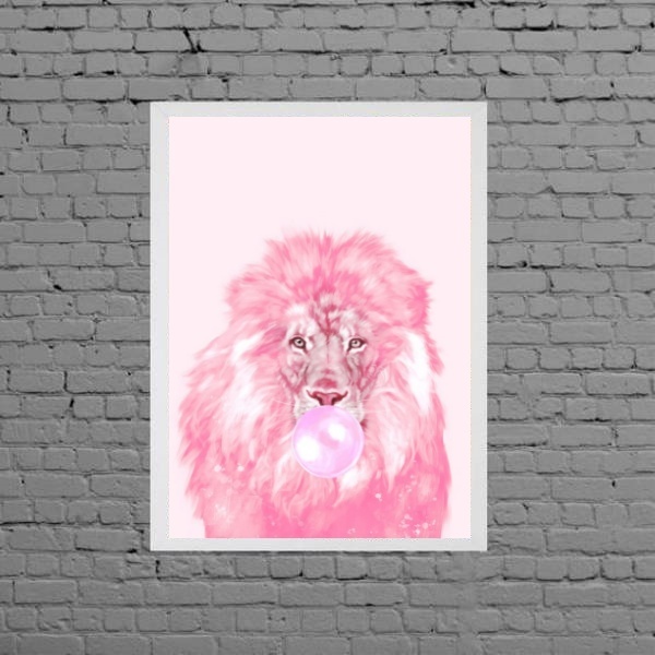 Quadro Decorativo Leão Bubble Gum 45x34cm Moldura:madeira Bra