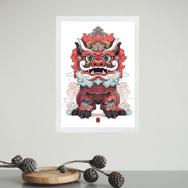 Quadro Decorativo Leão Chinês - Ilustração 24x18cm Moldura Pr