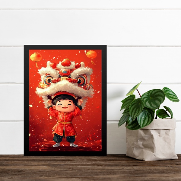 Quadro Decorativo Leão Chinês - Menininha 33x24cm Moldura Bra