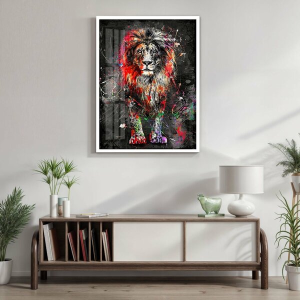 Quadro Decorativo Leão Colorido 006 Moldura Em Madeira Com Vi