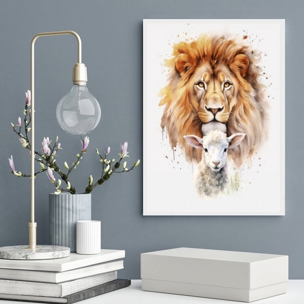 Quadro Decorativo Leão Com Cordeiro Aquarela 45x34cm Moldura: