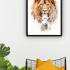 Quadro Decorativo Leão Com Cordeiro Aquarela  - 70x50cm Moldu