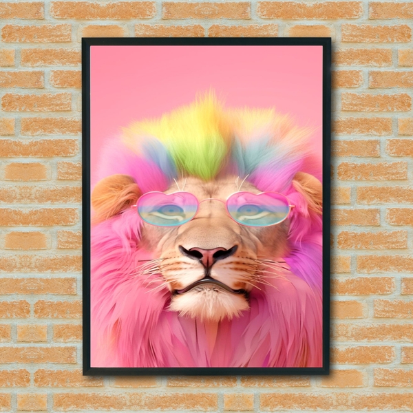 Quadro Decorativo Leão Óculos Coração Rosa  - 70x50cm Moldura