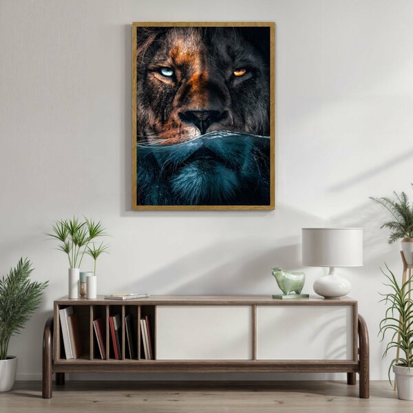 Quadro Decorativo Leão Predador 002 Moldura Em Madeira 60x80cm