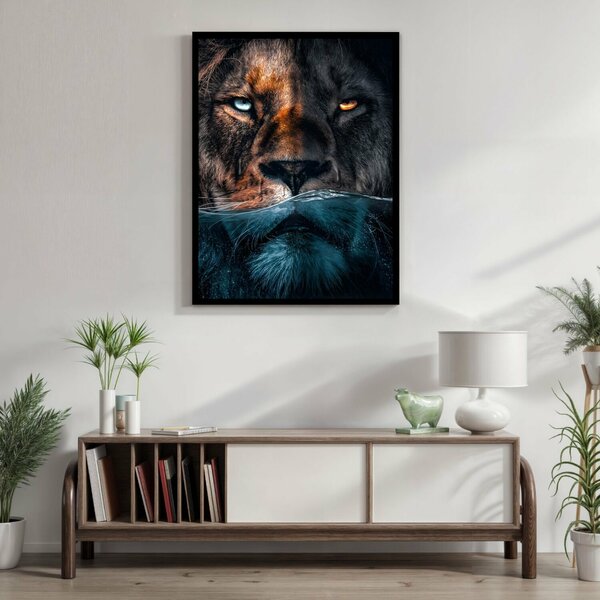 Quadro Decorativo Leão Predador 002 Moldura Em Madeira 60x80cm