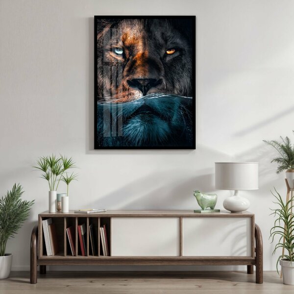 Quadro Decorativo Leão Predador 002 Moldura Em Madeira Com Vi