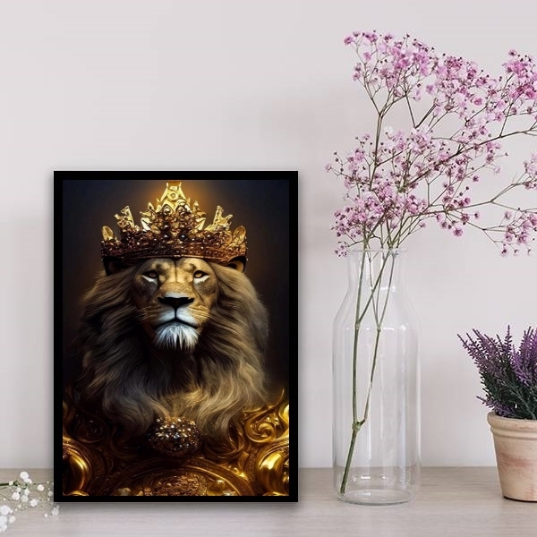 Quadro Decorativo Leão Rei 45x34cm Moldura:madeira Branca