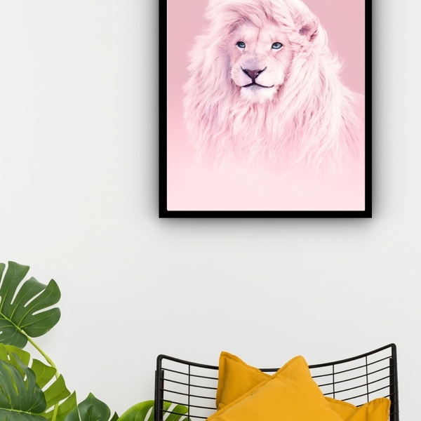 Quadro Decorativo Leão Rosa  - 70x50cm Moldura Preta