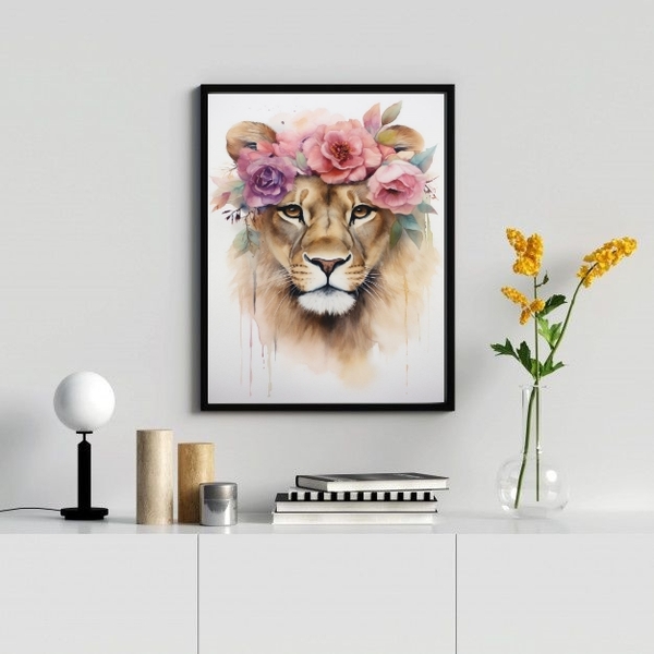 Quadro Decorativo Leoa Com Coroa De flores 33x24cm - Com Vidr