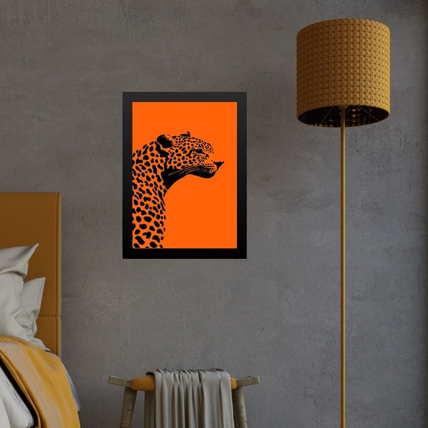 Quadro Decorativo Leopardo Fundo Laranja 45x34cm Moldura Bran