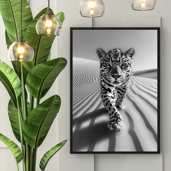 Quadro Decorativo Leopardo Preto E Branco 33x24cm - Com Vidro