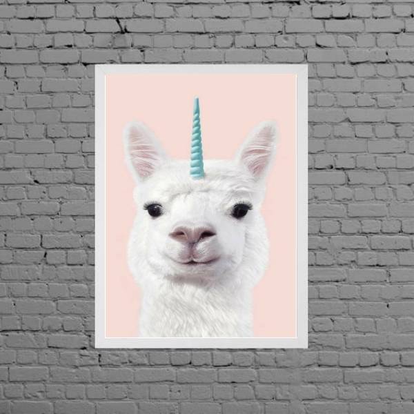 Quadro Decorativo Lhama Unicórnio 45x34cm - Com Vidro Moldura