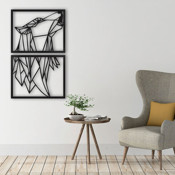 Quadro Decorativo Lobo Poligonal Preto Vazado 2 Peças Mdf 3mm