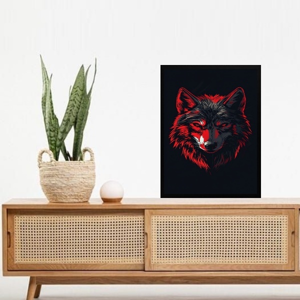 Quadro Decorativo Lobo Preto E Vermelho 45x34cm Moldura Branca