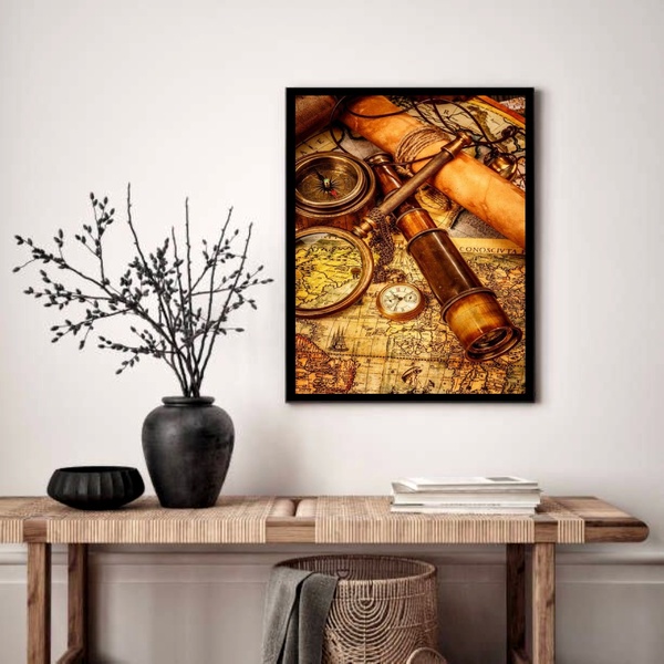 Quadro Decorativo Luneta Mapa Antigos  - 70x50cm Moldura Preta