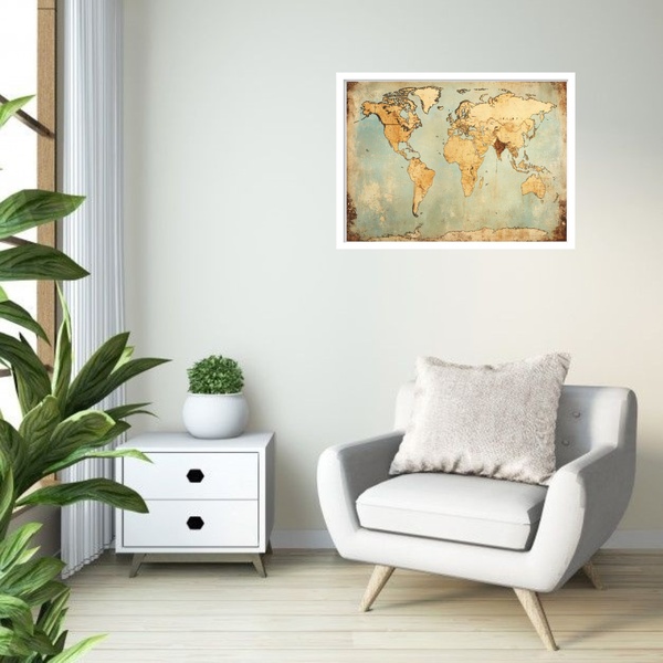 Quadro Decorativo Mapa-múndi Vintage  - 50x70cm Moldura Branca