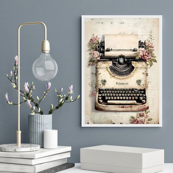 Quadro Decorativo Máquina De Escrever Com Flores 45x34cm - Co