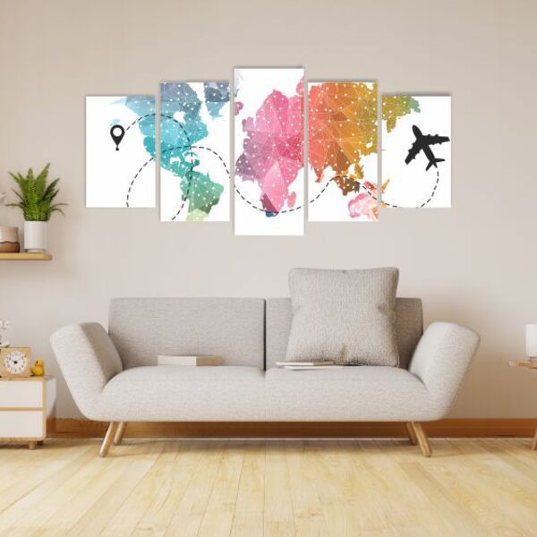 Quadro Decorativo Mdf Mosaico Mapa Mundi Geométrico Colorido