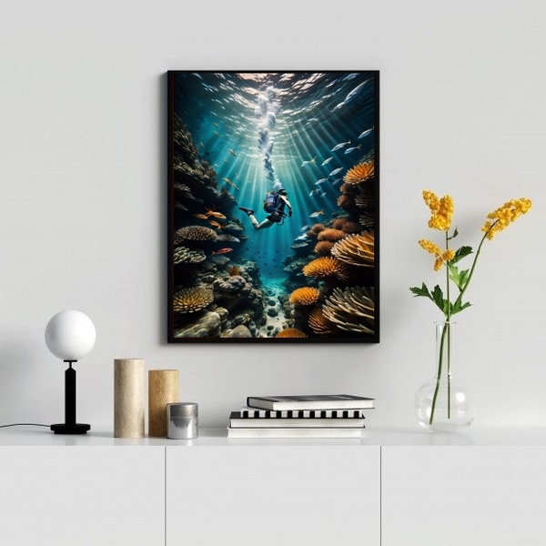 Quadro Decorativo Mergulho- Mergulhador 33x24cm Moldura:madei