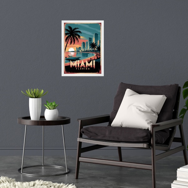 Quadro Decorativo Miami Florida 33x24cm Moldura Branca